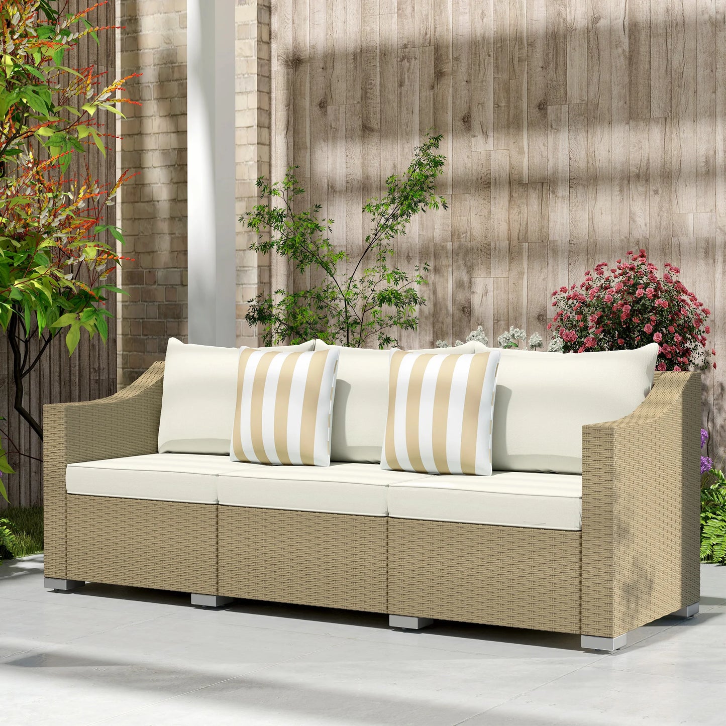Outdoor Wicker Patio Sofa With Cushions And Throw Pillows