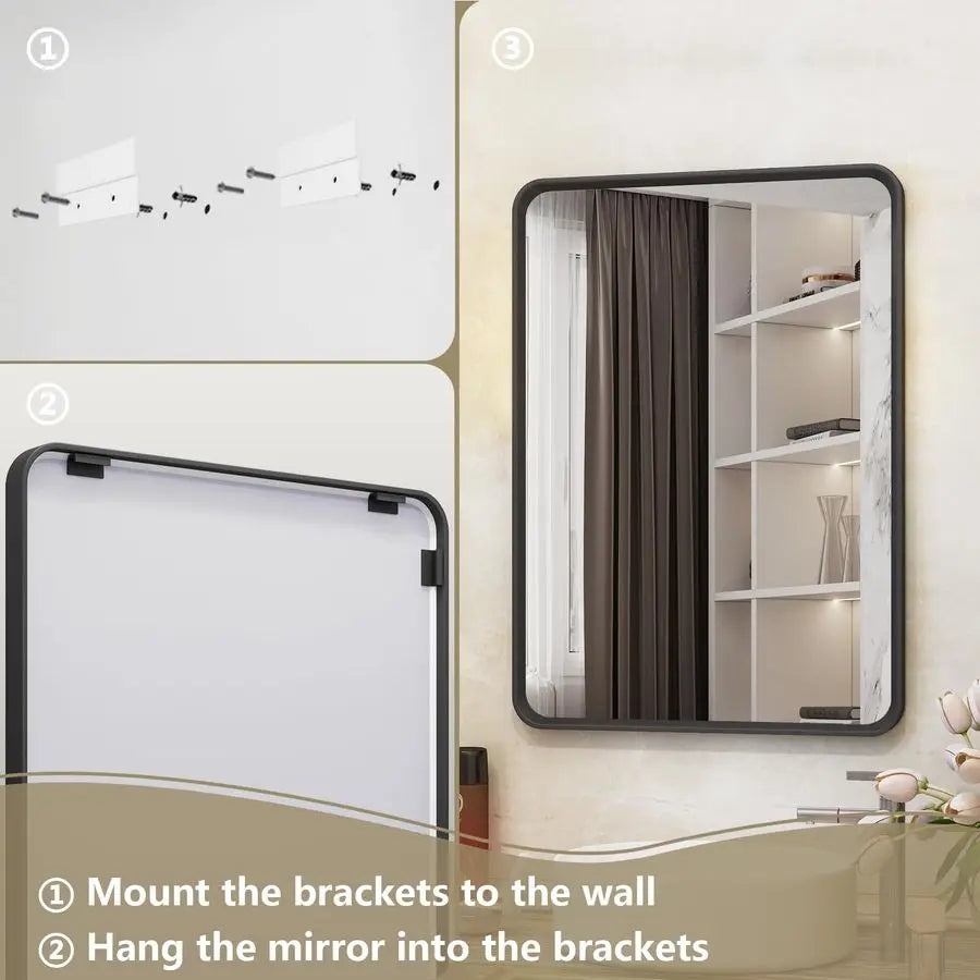 28X36 Inch Black Metal Framed Bathroom Mirror for Wall, Matte Black Bathroom Vanity Mirror, Black Rounded Rectangle Modern Mirro