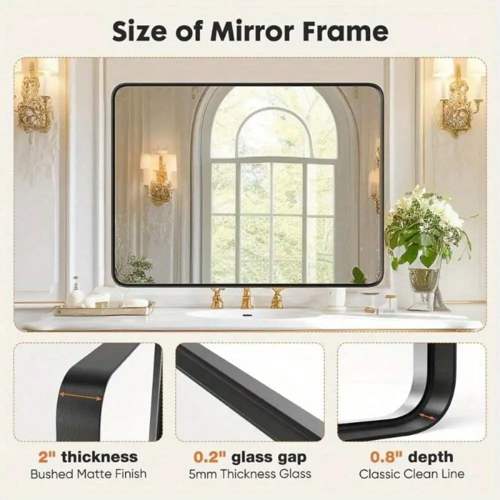Home Black Bathroom Wall Mirror Metal Frame Rectangular Anti-Rust Vanity Mirror