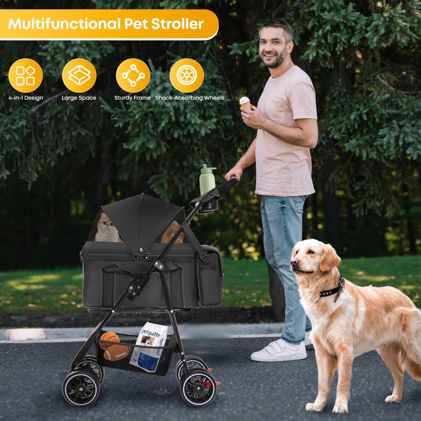 3 in 1 Pet Stroller for Medium Dogs Cats - Portable Foldable Dog Stroller with Removable Carrier, All-Terrain 4 Wheels Cat Strol