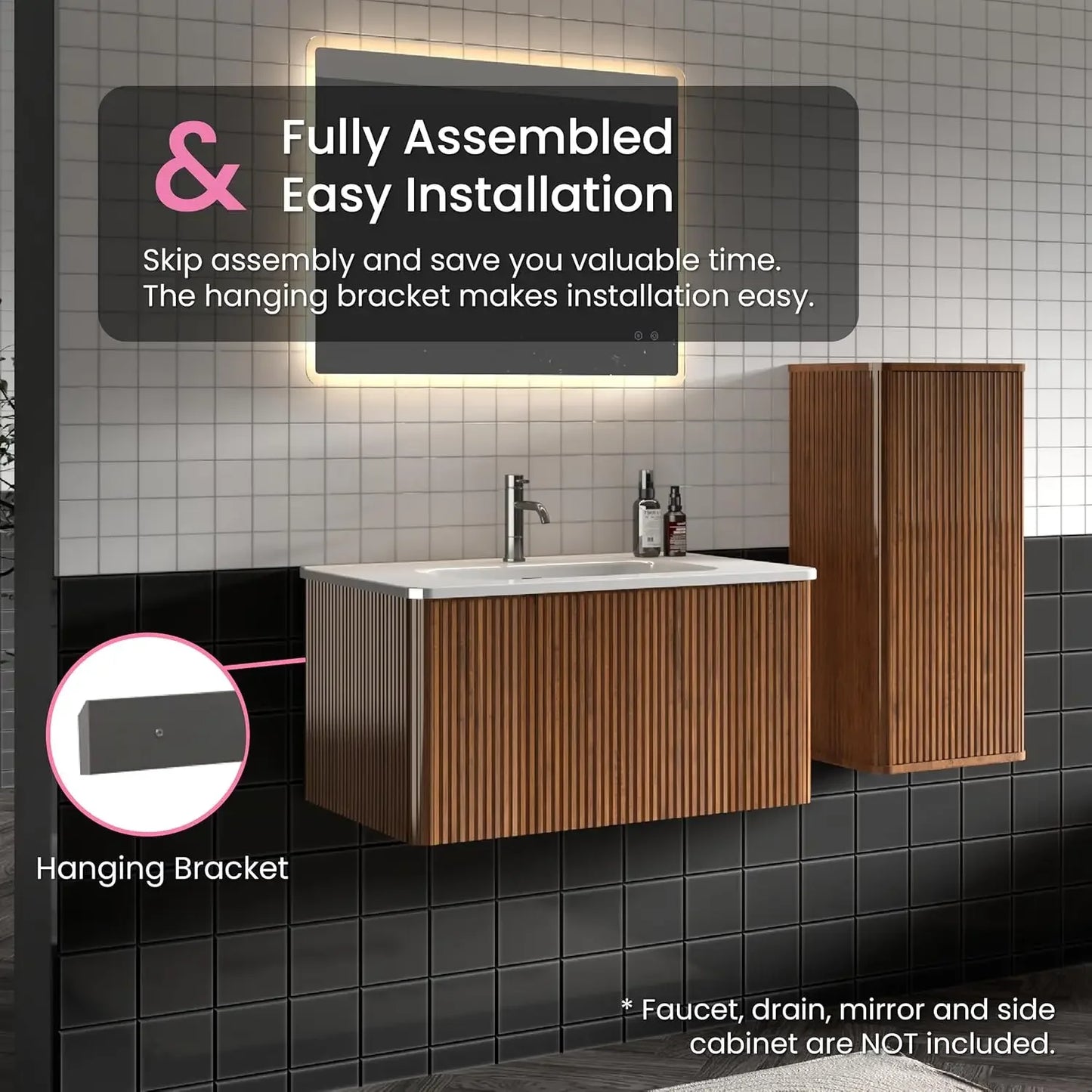 30" Bathroom Vanity with Sink, Modern Floating Vanity with Push Open Soft Close Drawer, Large Storage for Small Space, Walnut