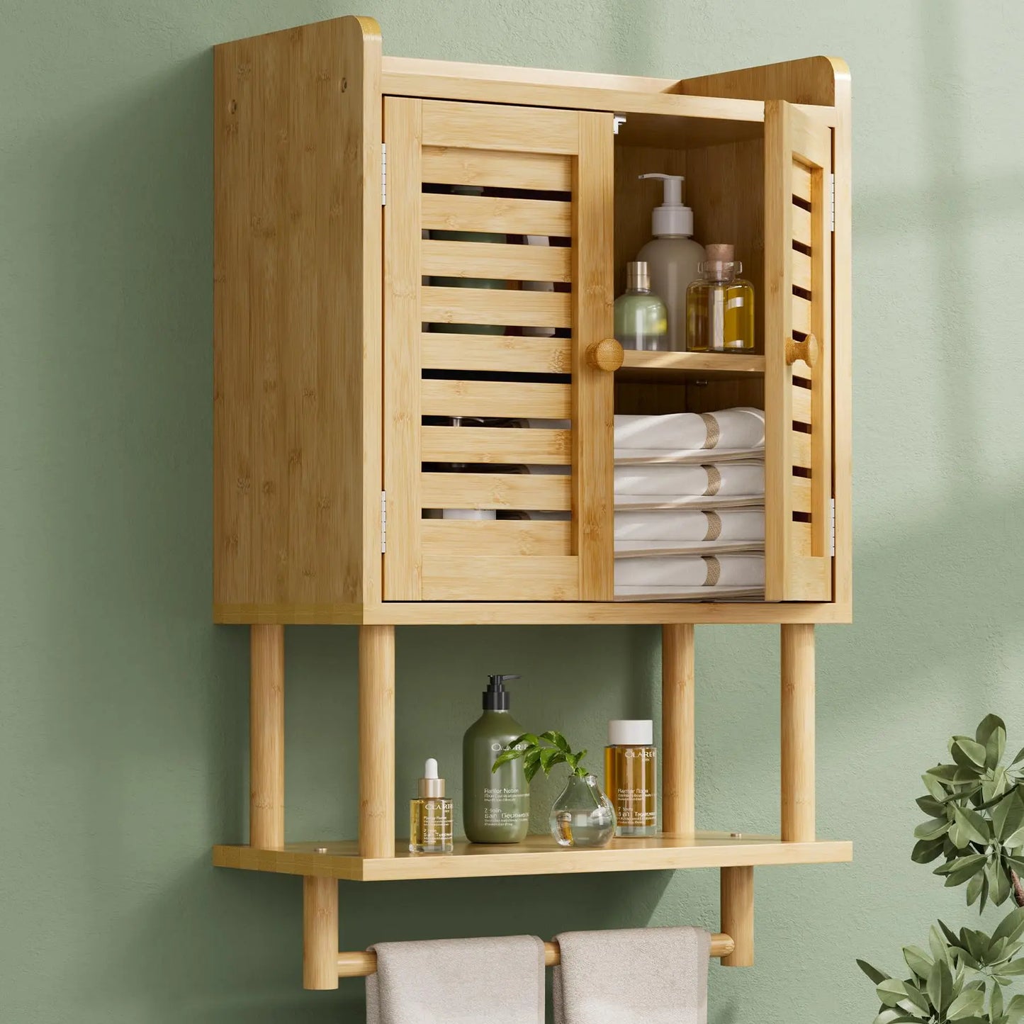 XIUWO Bamboo Over Toilet Wall Mounted Medicine Cabinet With Towel Bar