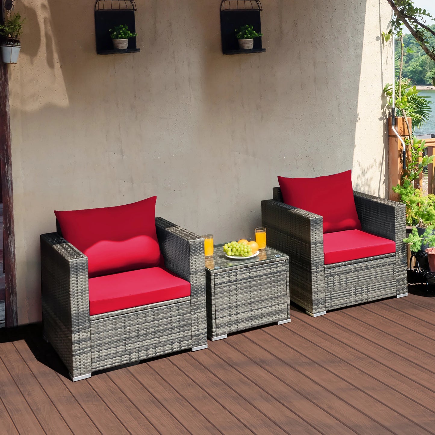 HOMASIS 3-Piece Patio Rattan Bistro Set with Cushioned Seating