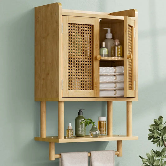 XIUWO Bamboo Over Toilet Wall Mounted Medicine Cabinet With Towel Bar