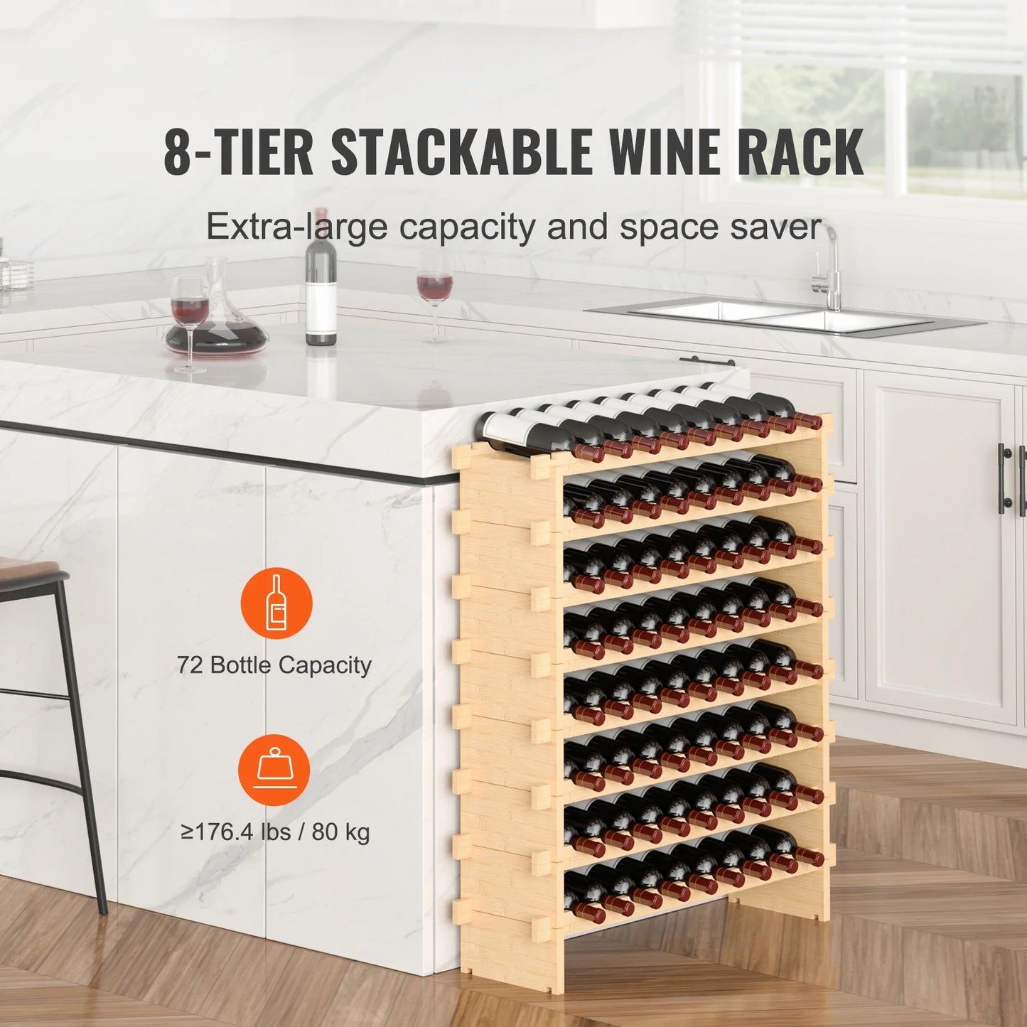 SucceBuy 8 Tier Stackable Bamboo Free Standing Wine Rack