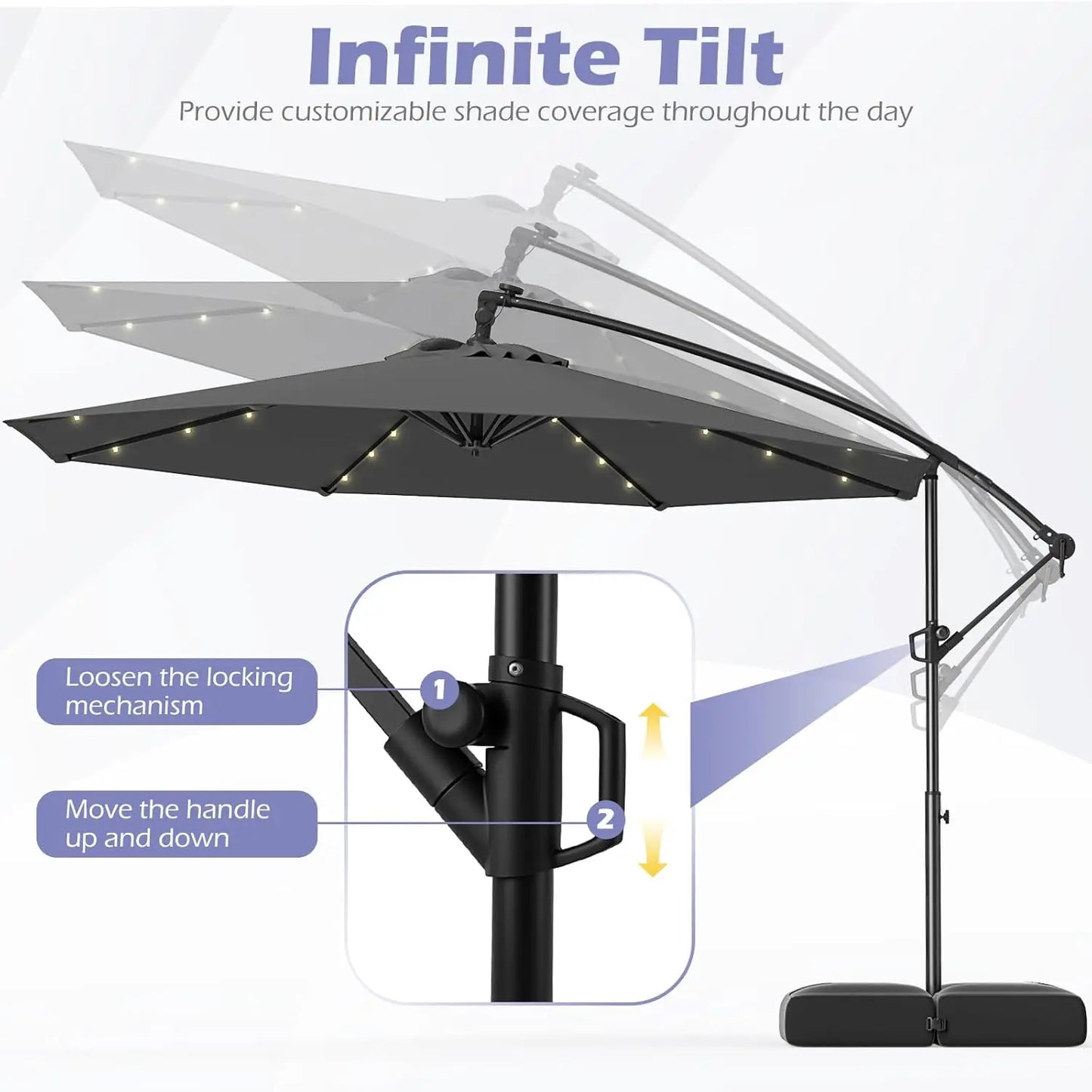 Solar Cantilever Patio Umbrella With Base Included And LED Lights
