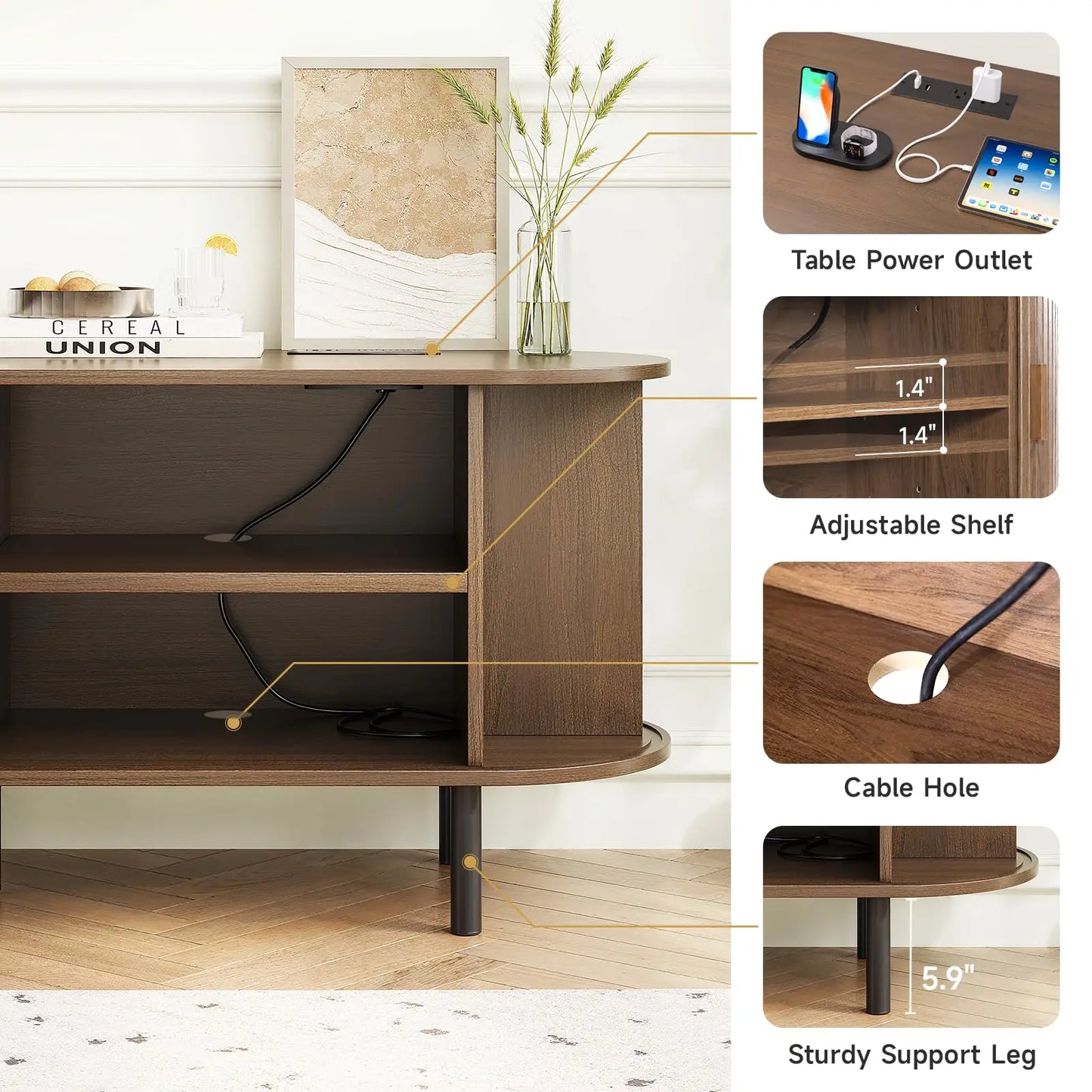 ONBRILL TV Stand With Power Outlet Sliding Doors And Adjustable Shelves