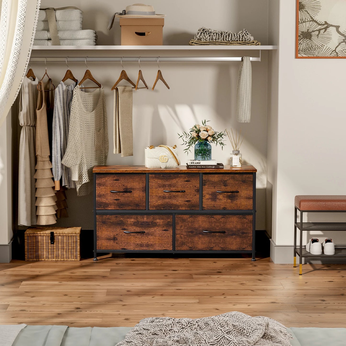 JHK Living Room Display Cabinet With Fabric Drawers And Steel Frame