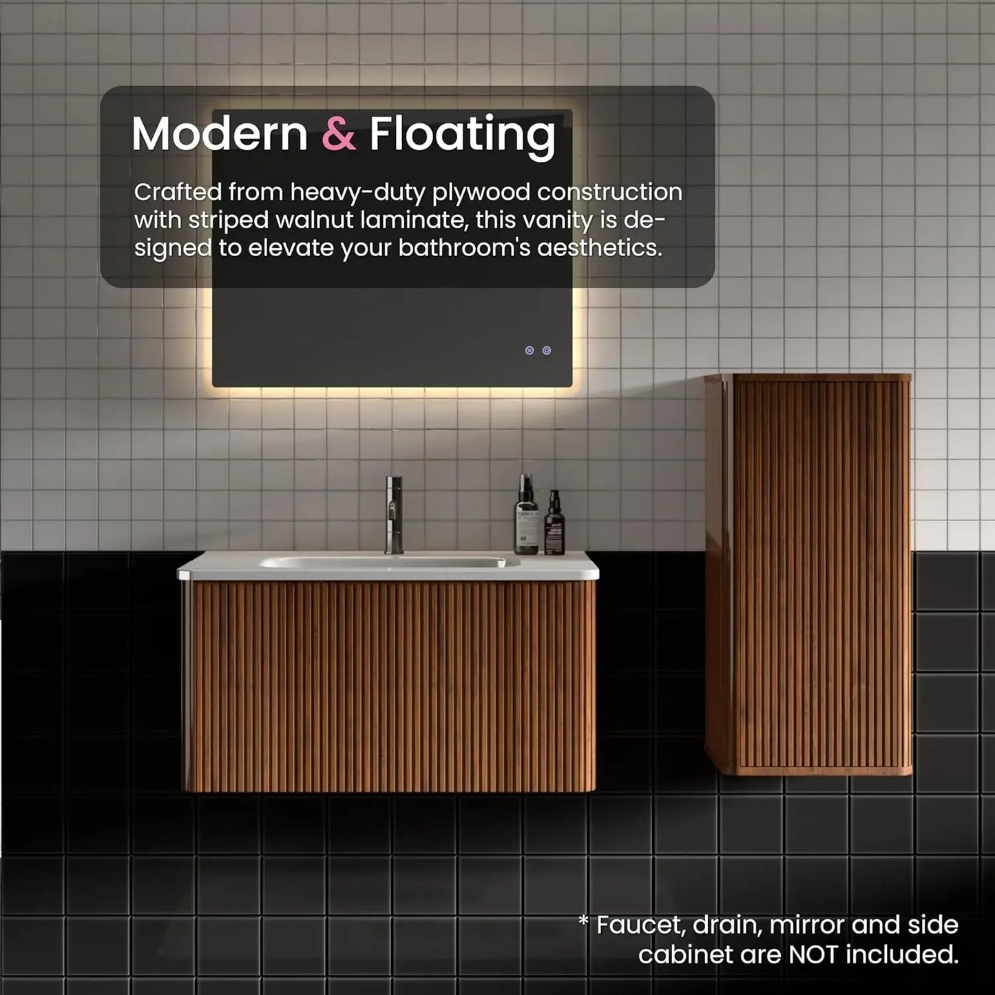 30" Bathroom Vanity with Sink, Modern Floating Vanity with Push Open Soft Close Drawer, Large Storage for Small Space, Walnut