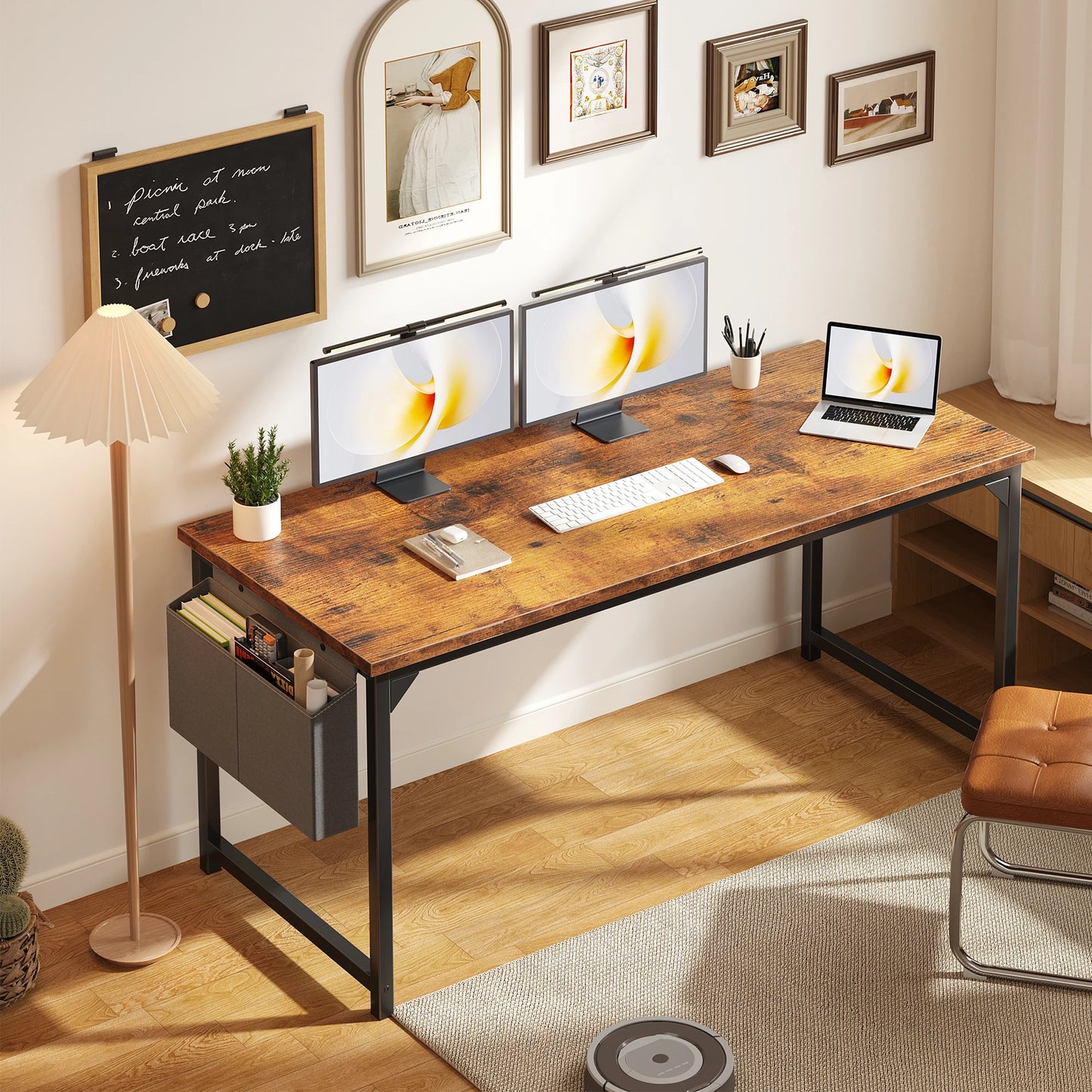 JHK Adjustable Computer Desk With Wood Top And Metal Frame Storage Bag