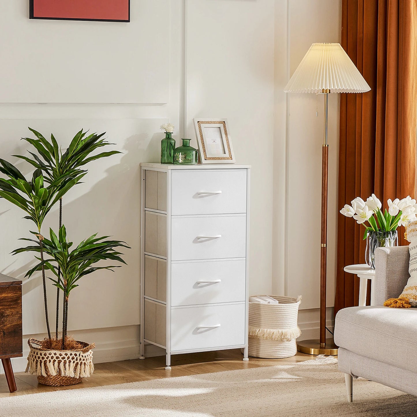 JHK Modern Dresser With 4 Fabric Drawers And Steel Frame