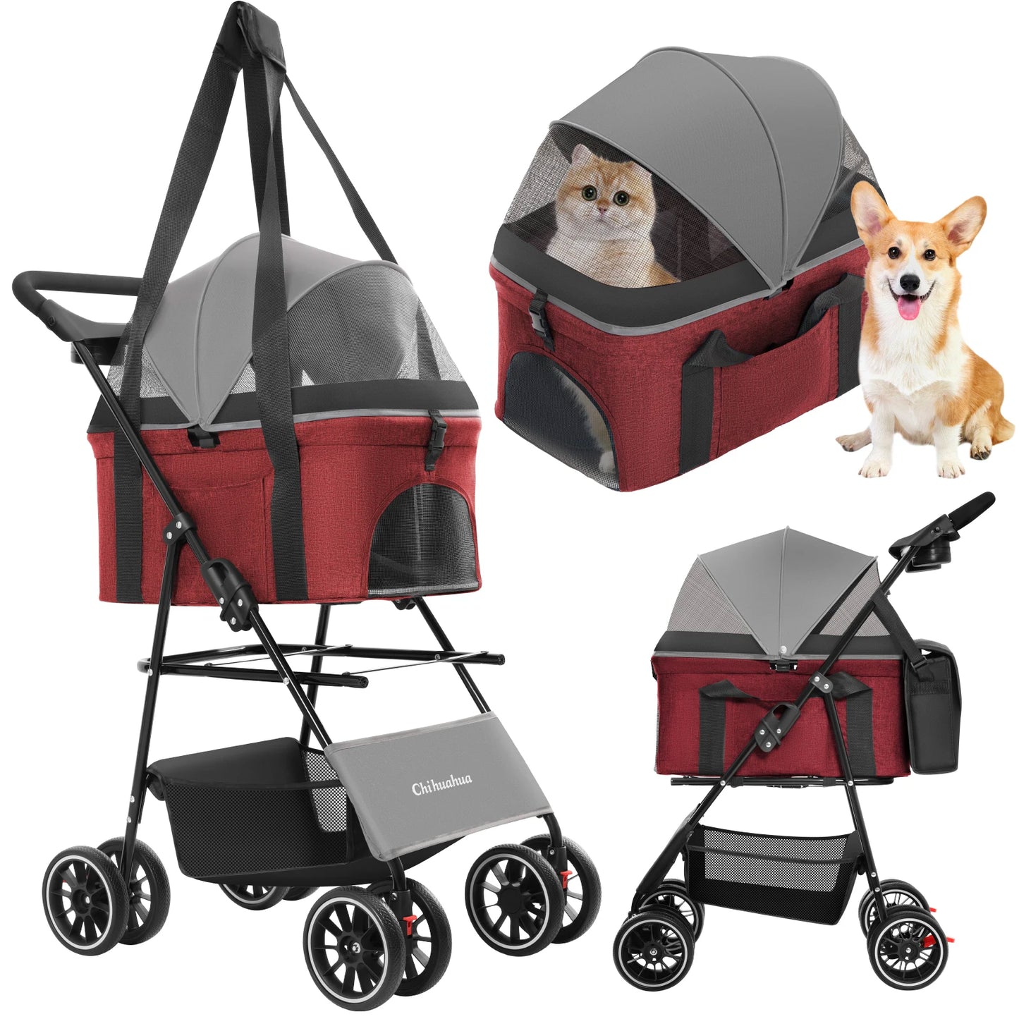 3 in 1 Pet Stroller For Dogs Cats Lightweight And Foldable Bag Detachable External Push Dog Walking Detachable Carrying