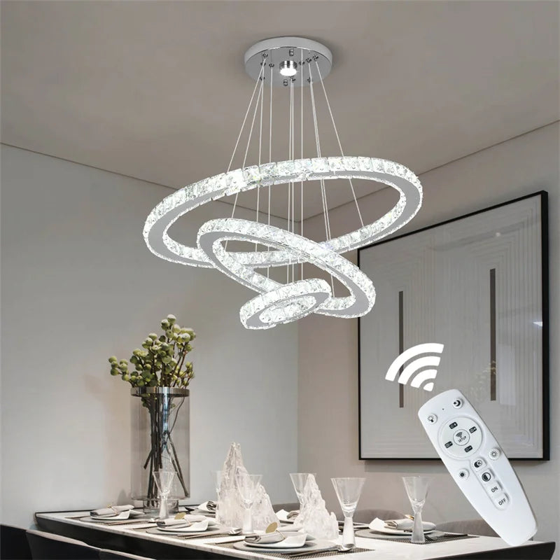 Modern Crystal Ring LED Chandelier Pendant Light With Dimming Remote