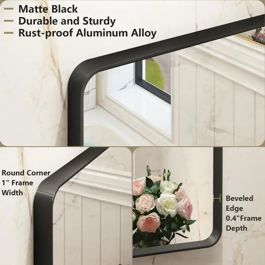 28X36 Inch Black Metal Framed Bathroom Mirror for Wall, Matte Black Bathroom Vanity Mirror, Black Rounded Rectangle Modern Mirro