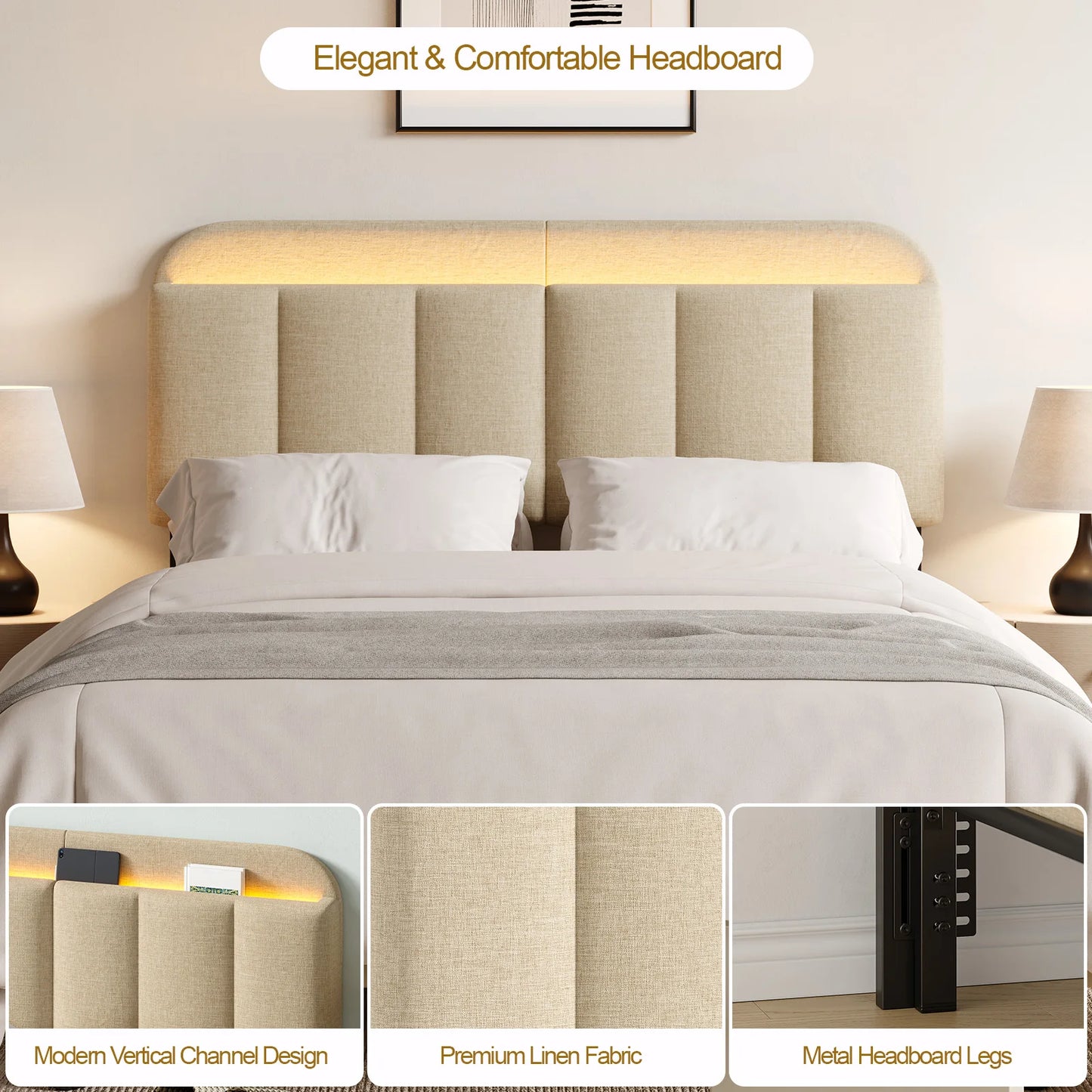ONBRILL Adjustable Linen Headboard With RGB LED Light And Storage