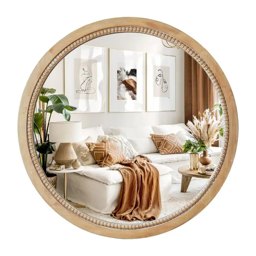 Round Wood Mirror,24 inch Circle Rustic Farmhouse Natural Wooden Frame Boho Beads Wall Mirror for Bathroom,Living Room,Bedroom o
