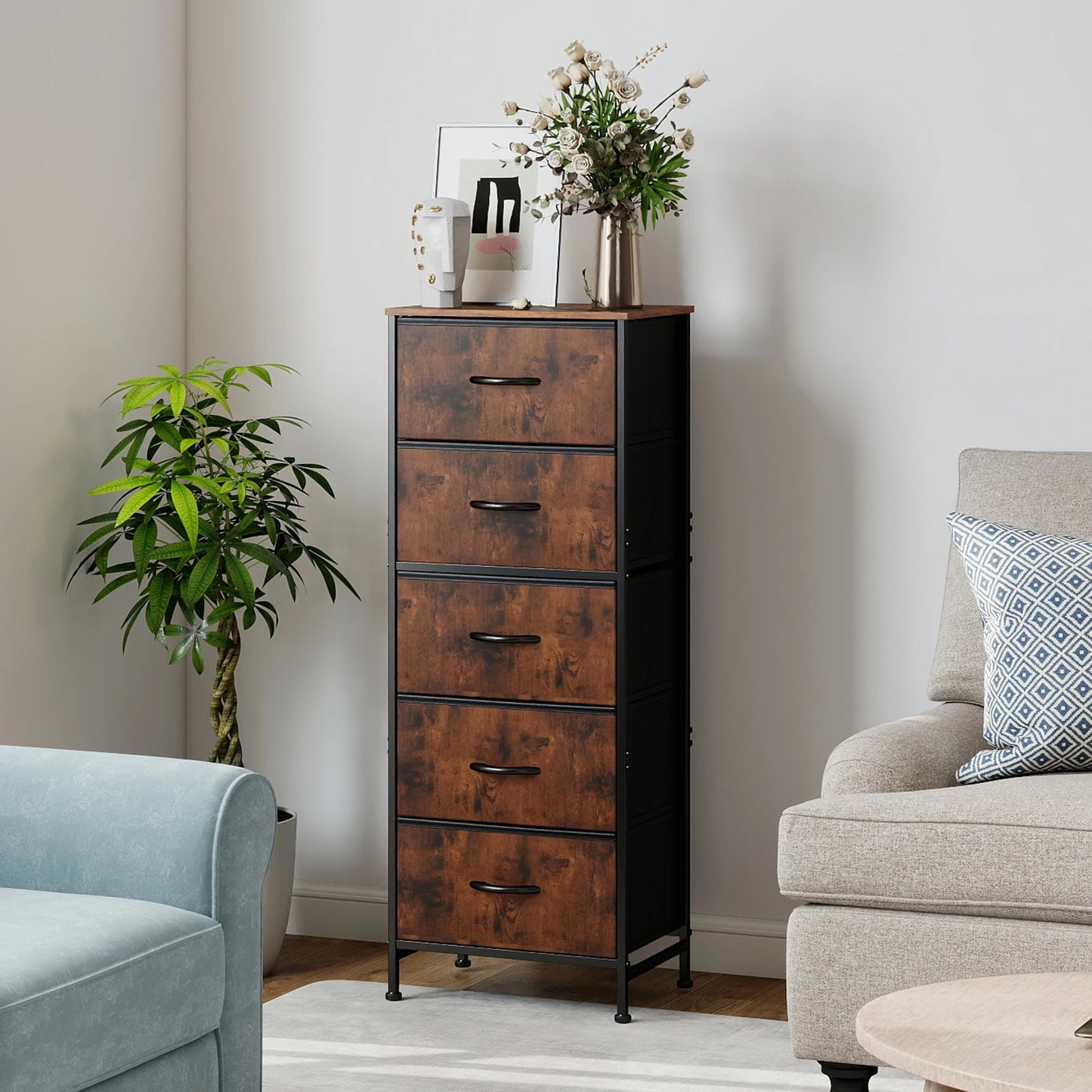 JHK Modern Dresser With Five Fabric Drawers And Nightstand