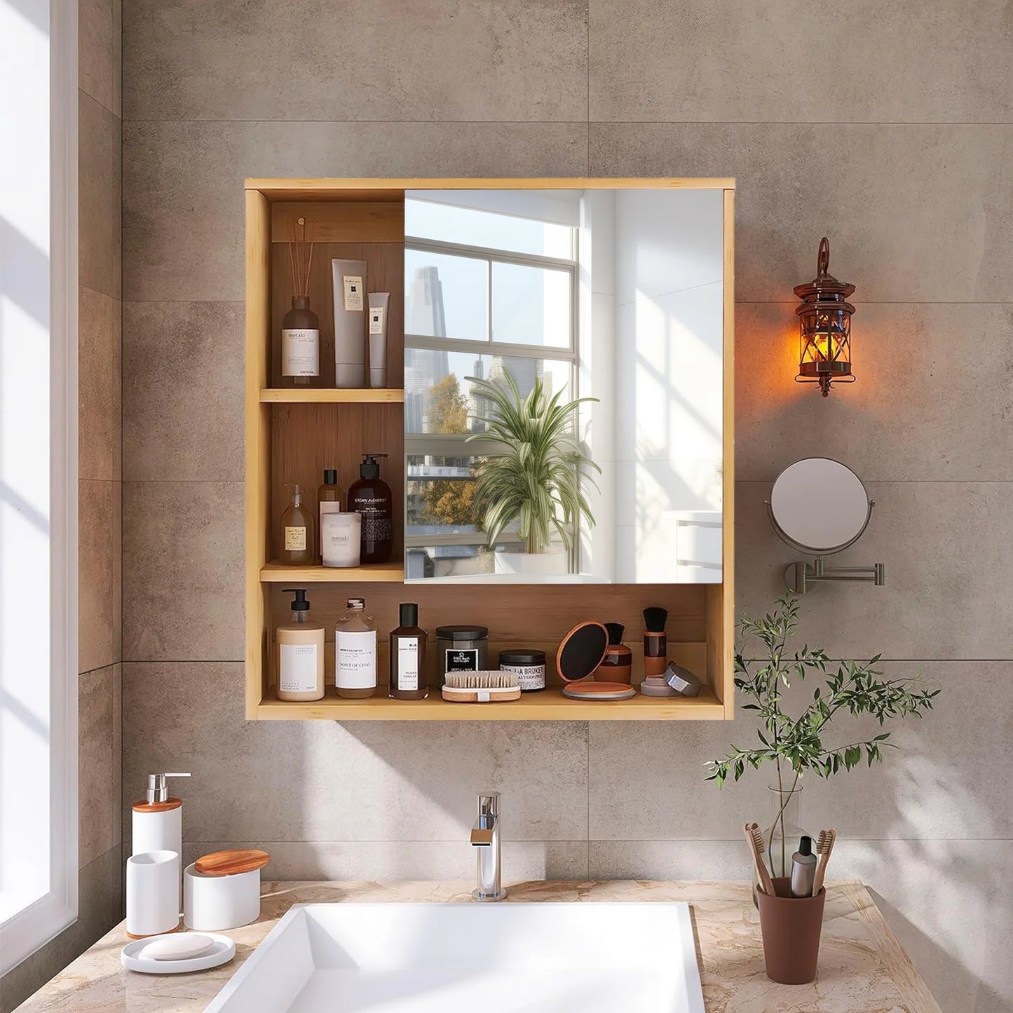 Wisfor Bamboo Bathroom Cabinet With Mirror And Storage Shelves