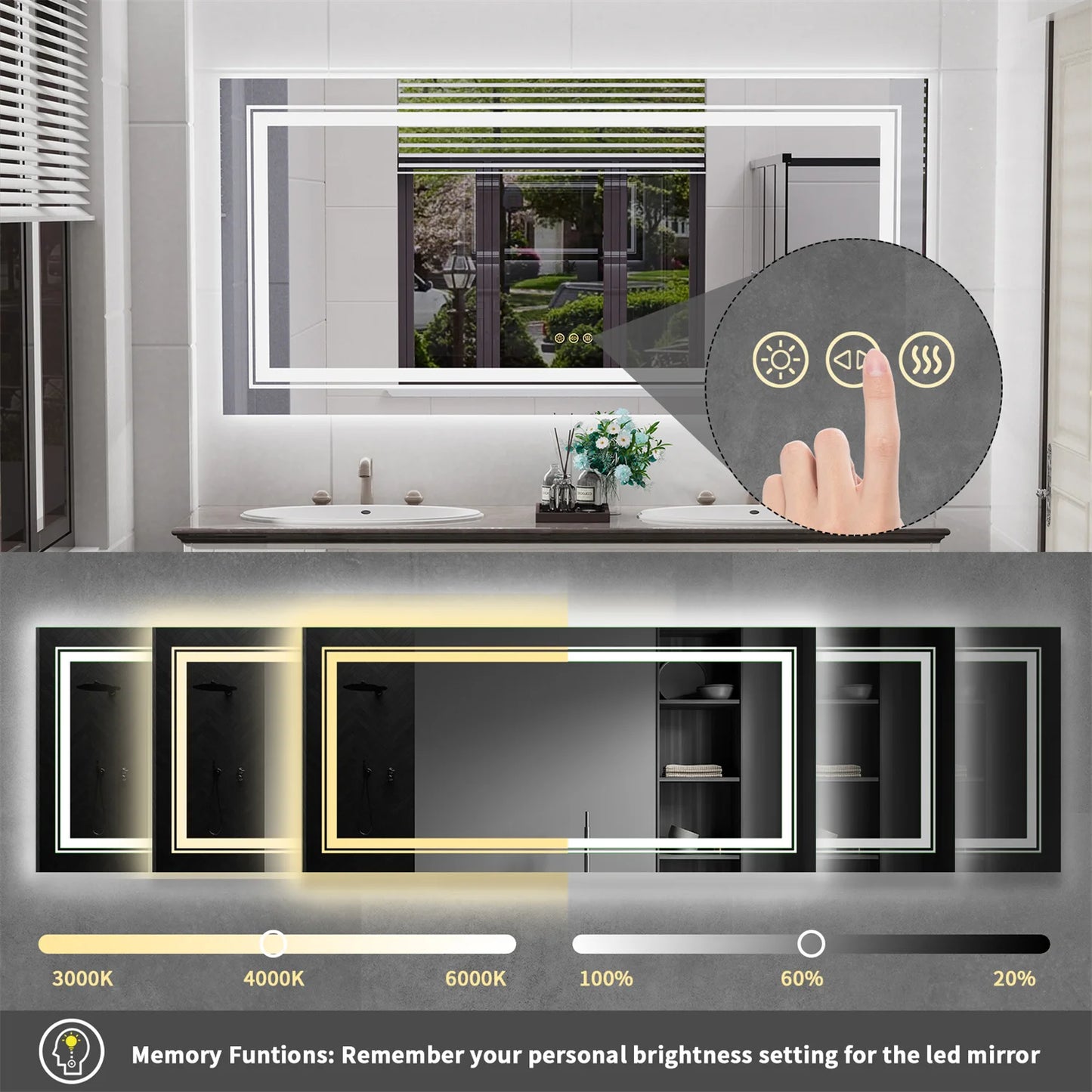 LED Backlit Bathroom Mirror With Anti-Fog Dimmable Touch Memory