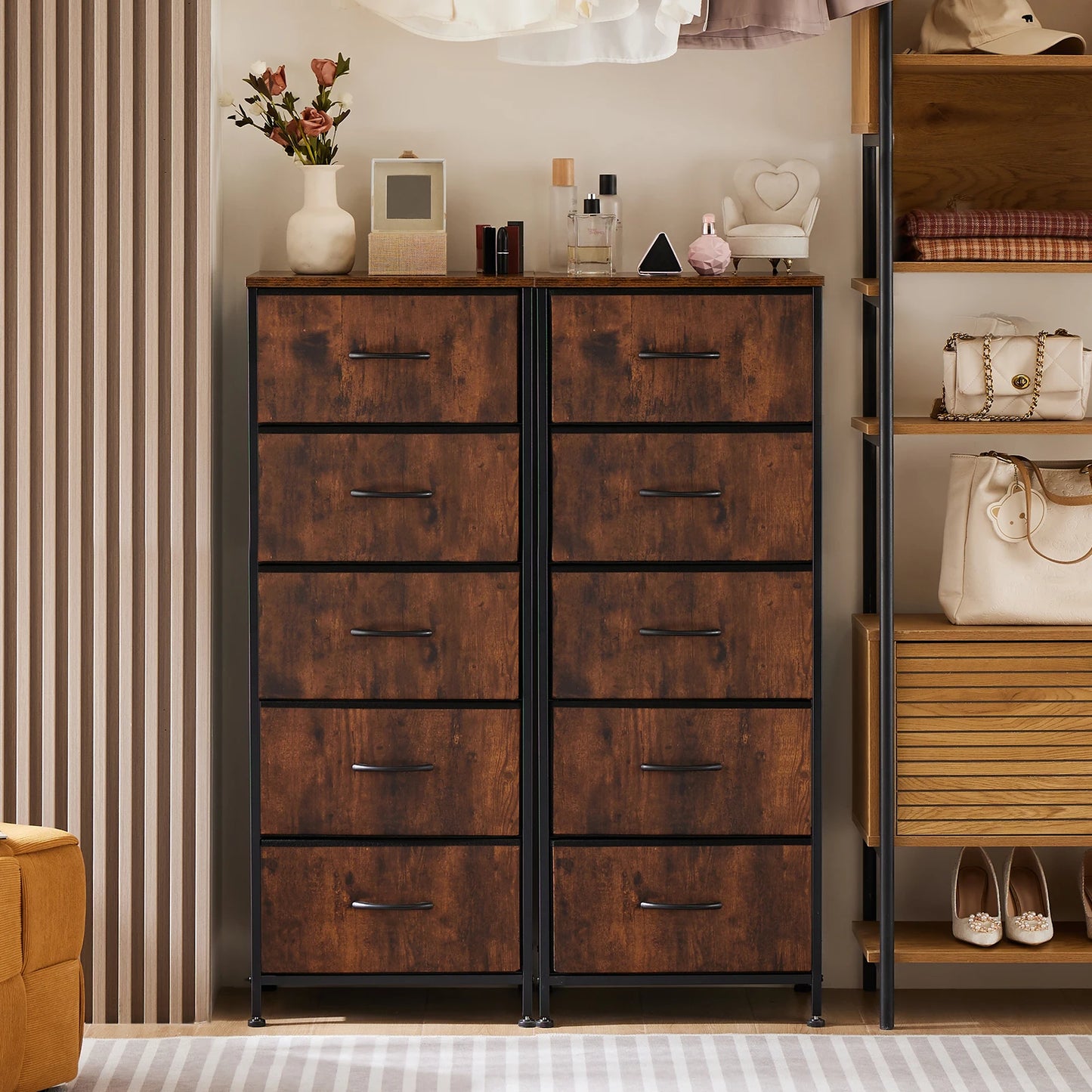 JHK Modern Dresser With Five Fabric Drawers And Nightstand