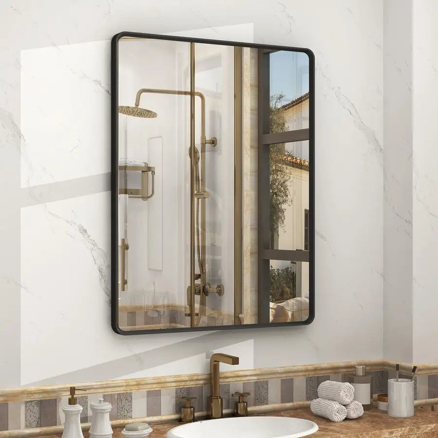 28X36 Inch Black Metal Framed Bathroom Mirror for Wall, Matte Black Bathroom Vanity Mirror, Black Rounded Rectangle Modern Mirro
