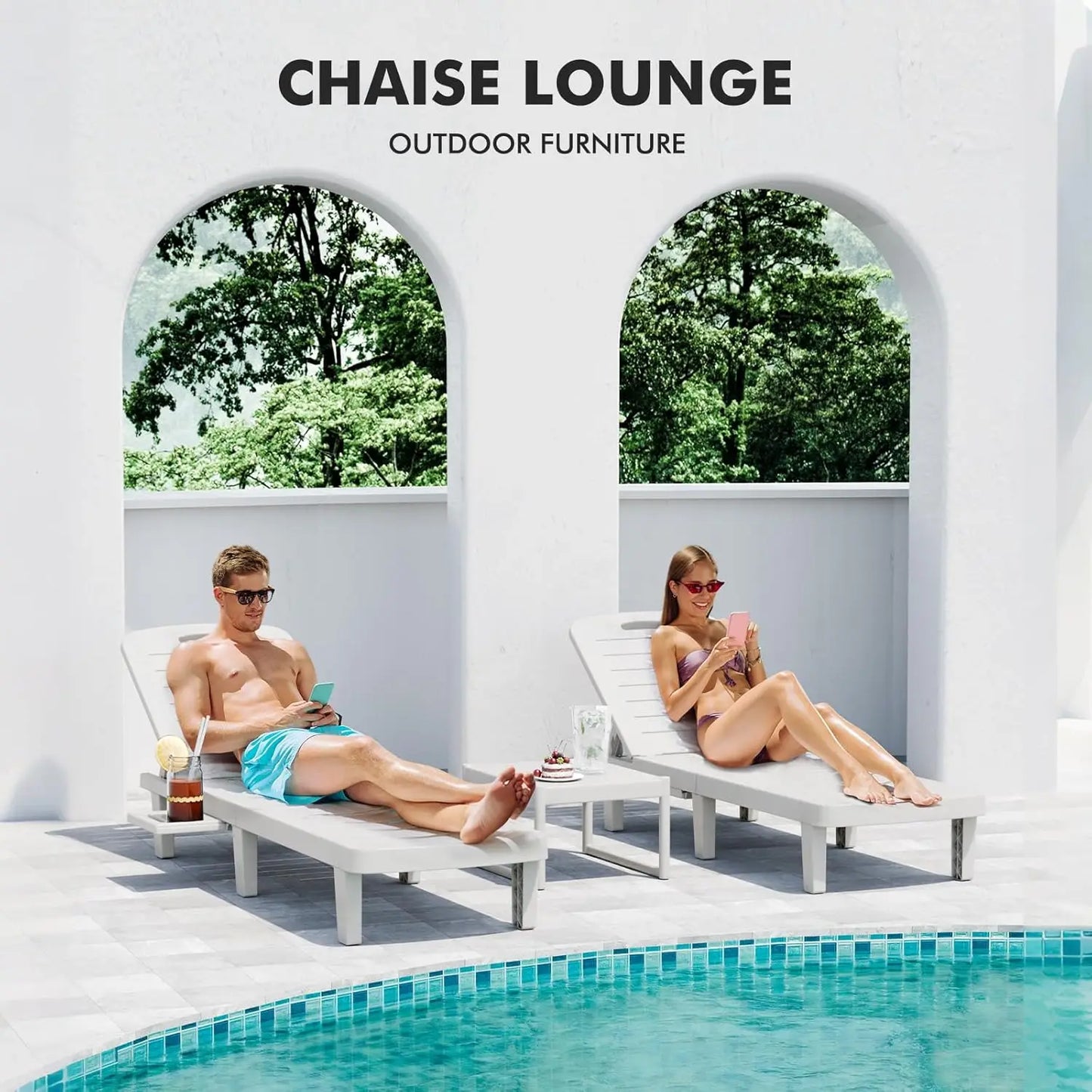Waterproof Adjustable Resin Chaise Lounge Chair Set With Cup Holder