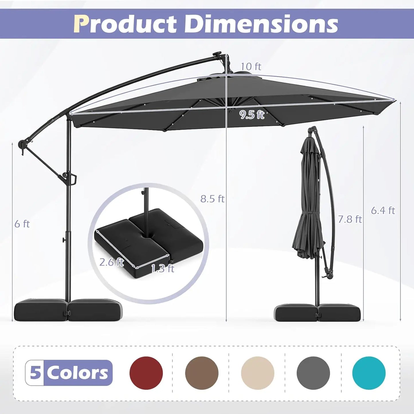 Solar Cantilever Patio Umbrella With Base Included And LED Lights