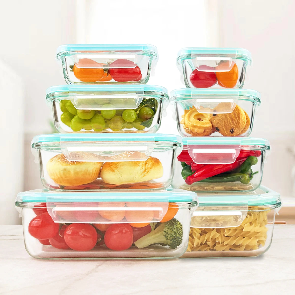 Glass Food Storage Containers Set Eight Pieces Leakproof Microwave Safe