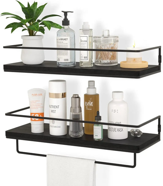 Floating Shelves Set With Metal Frame And Towel Rack