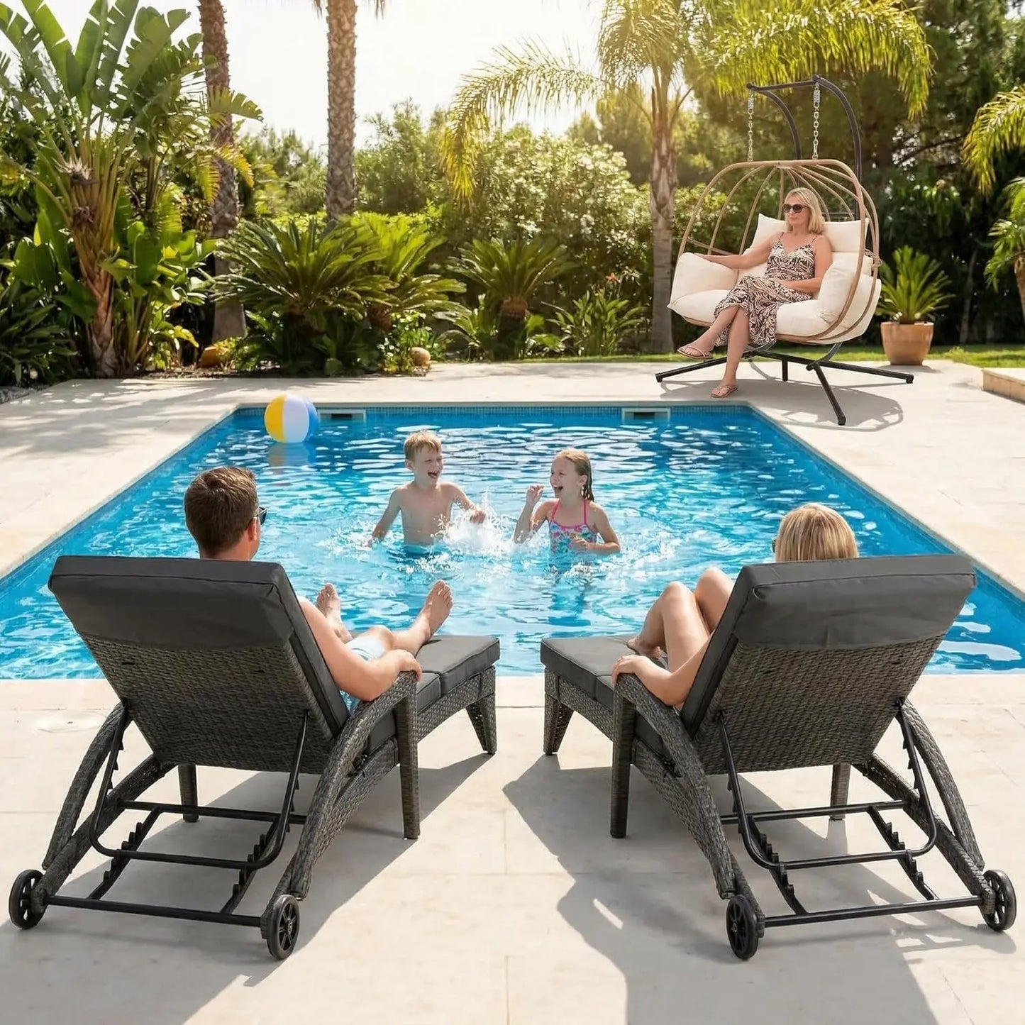 Adjustable Upholstered Chaise Lounge Set With Wicker Recliners