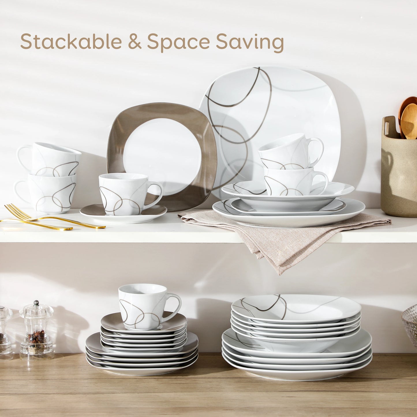MALACASA Porcelain Dinnerware Set With Cups And Saucers