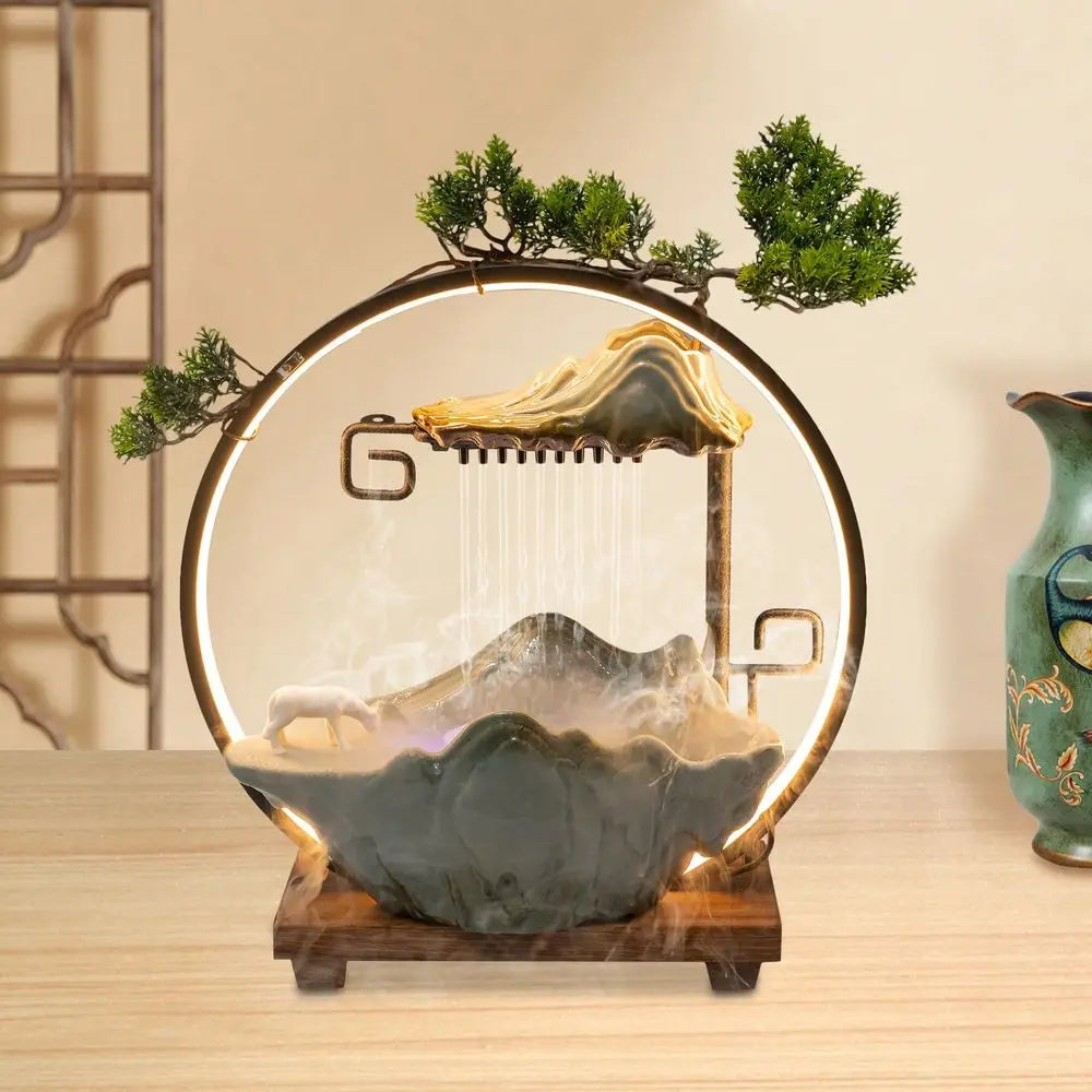 Tabletop Indoor Water Fountain With Fake Plants Mist Zen Decor