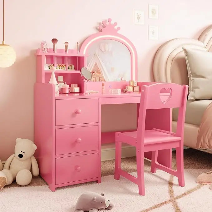 HiMISS Kids Vanity With Lights 2-in-1 Makeup Desk Chair