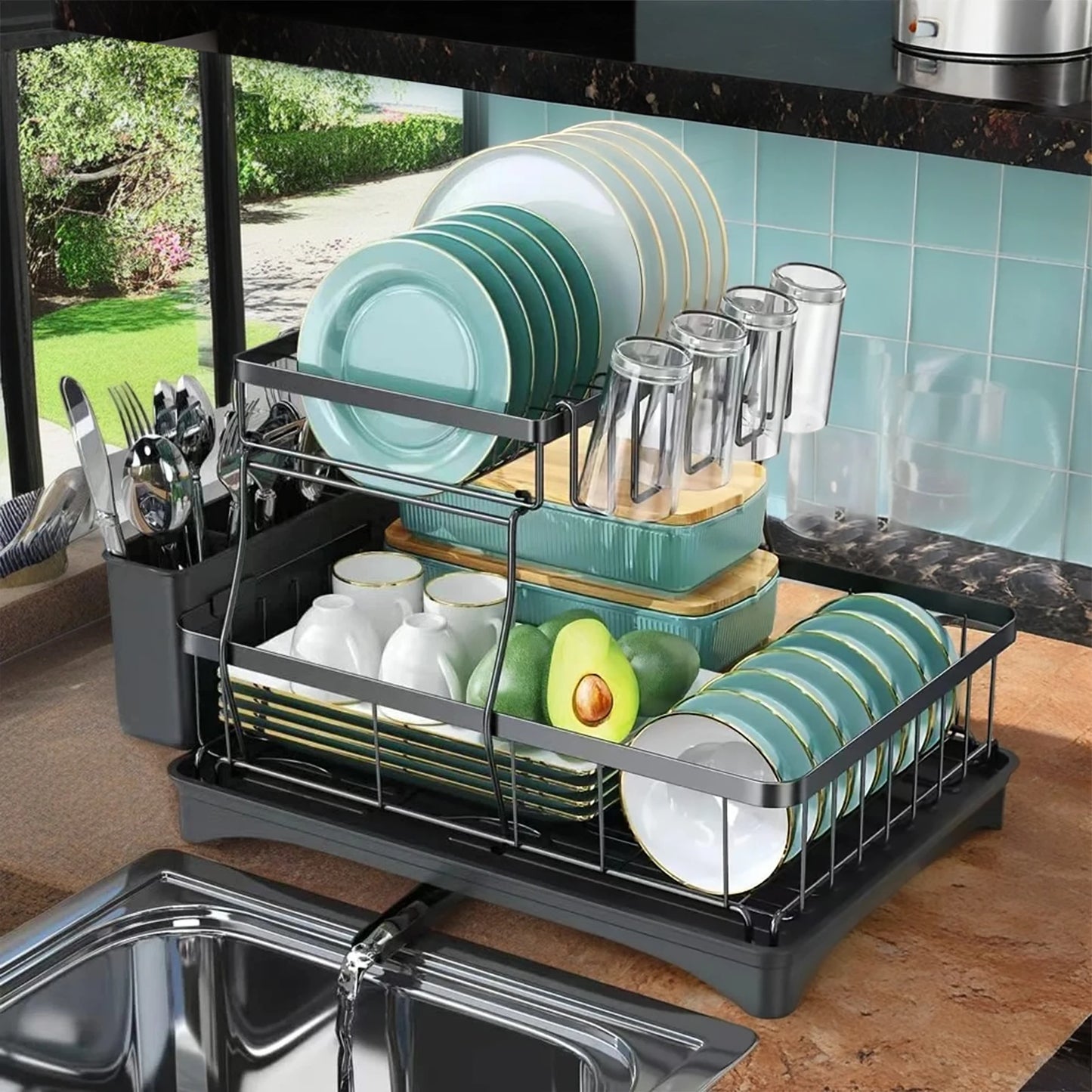 Two Tier Dish Drying Rack For Kitchen Countertops Large Capacity