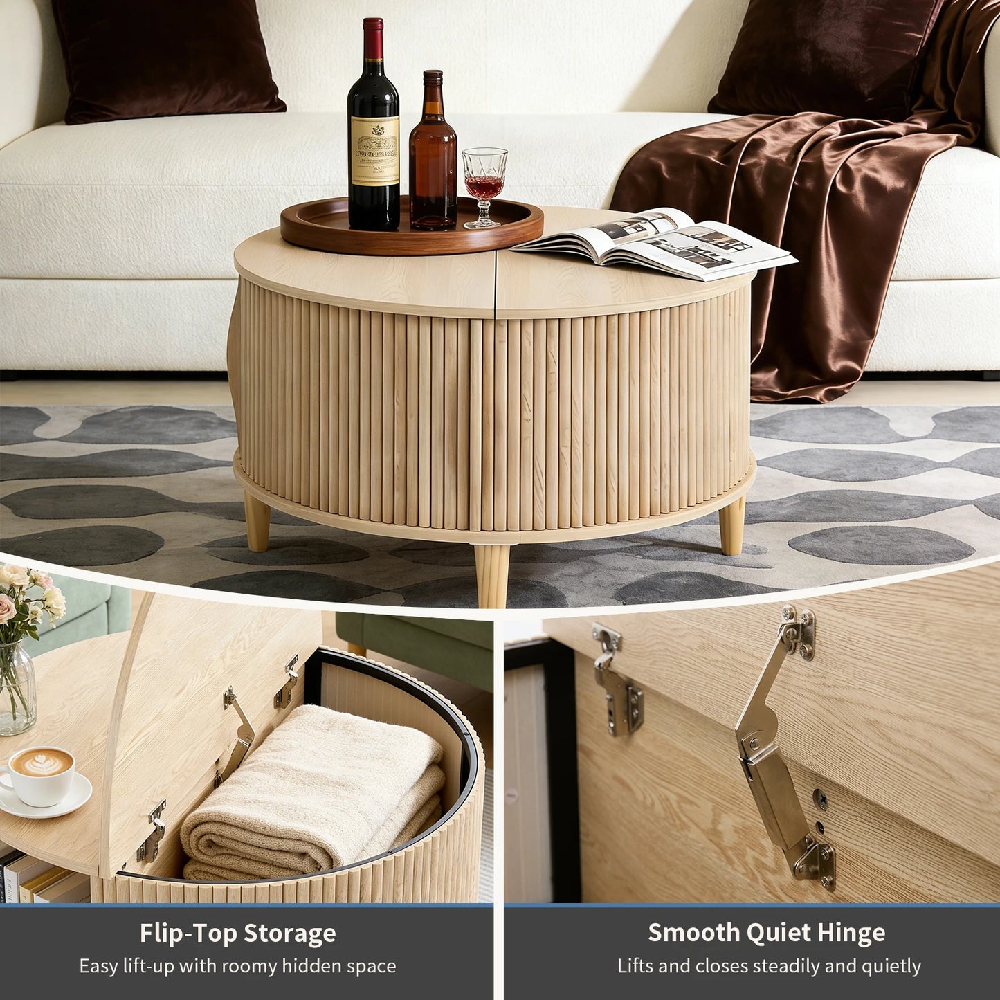 JHK Round Coffee Table With Flip Top Storage