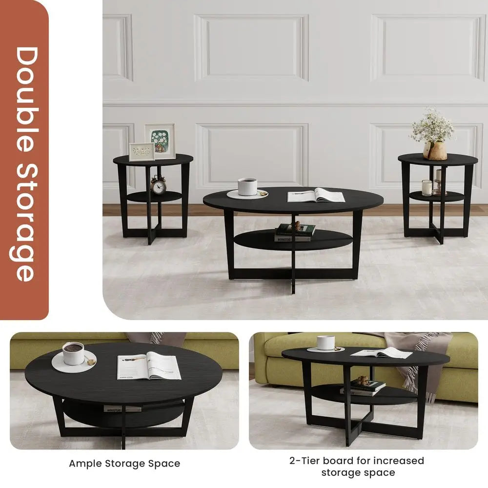 Wooden Coffee Table Set With Round End Tables