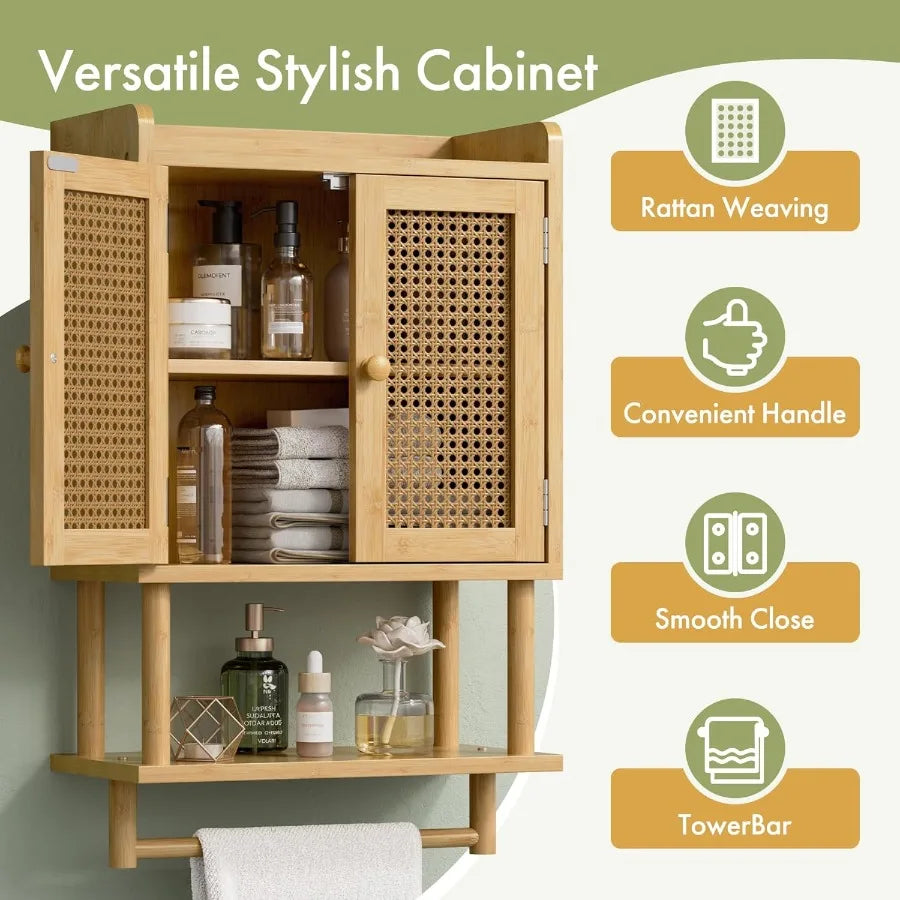 XIUWO Bamboo Over Toilet Wall Mounted Medicine Cabinet With Towel Bar