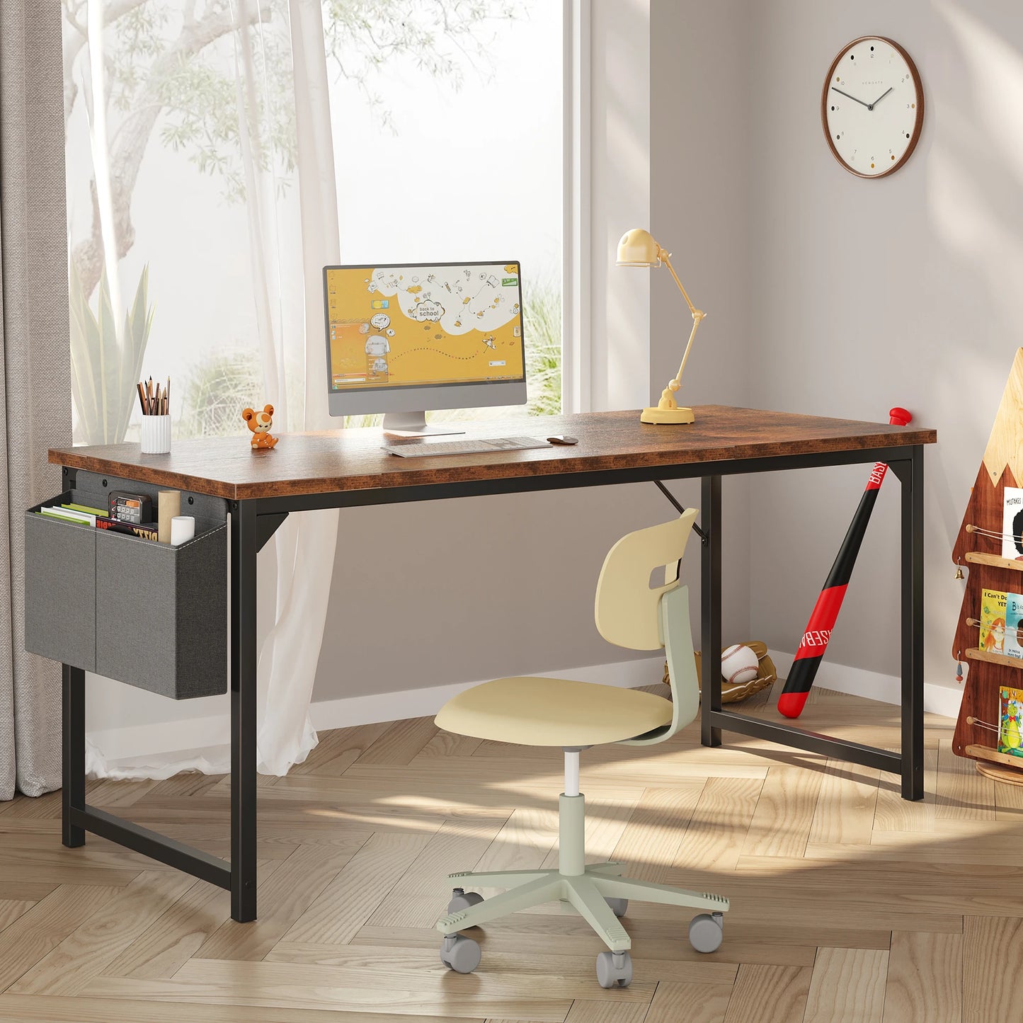 JHK Adjustable Computer Desk With Wood Top And Metal Frame Storage Bag