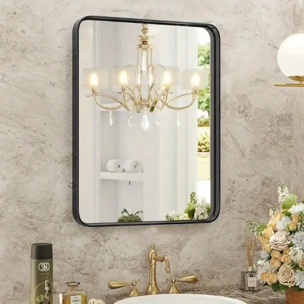 Home Black Bathroom Wall Mirror Metal Frame Rectangular Anti-Rust Vanity Mirror