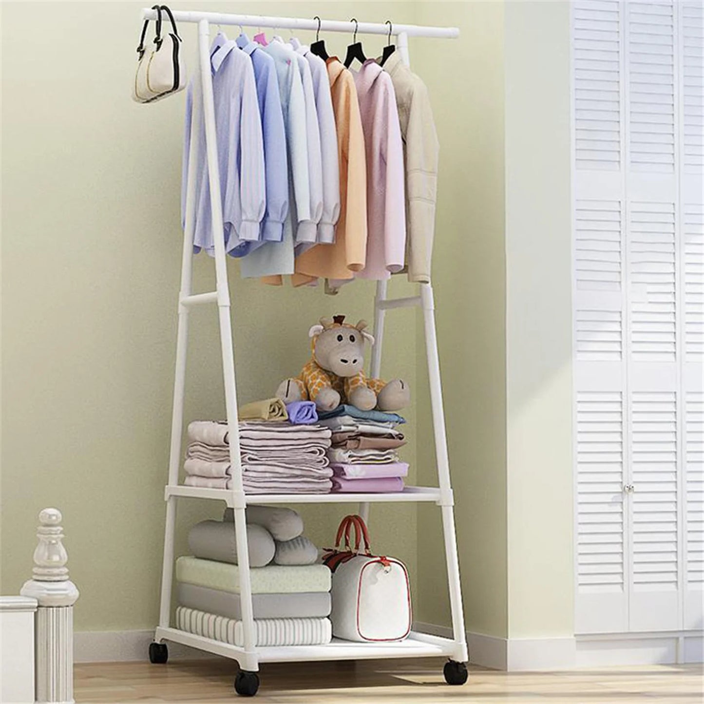 Stainless Steel 2-Tier Clothes Rack With Wheels And Hooks