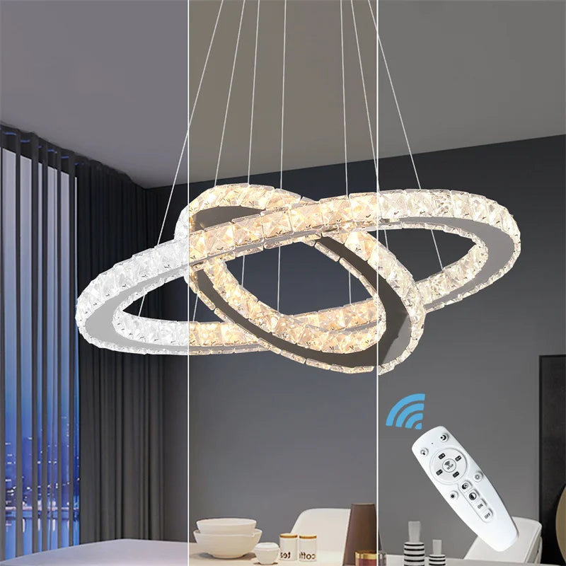 Modern Crystal Ring LED Chandelier Pendant Light With Dimming Remote