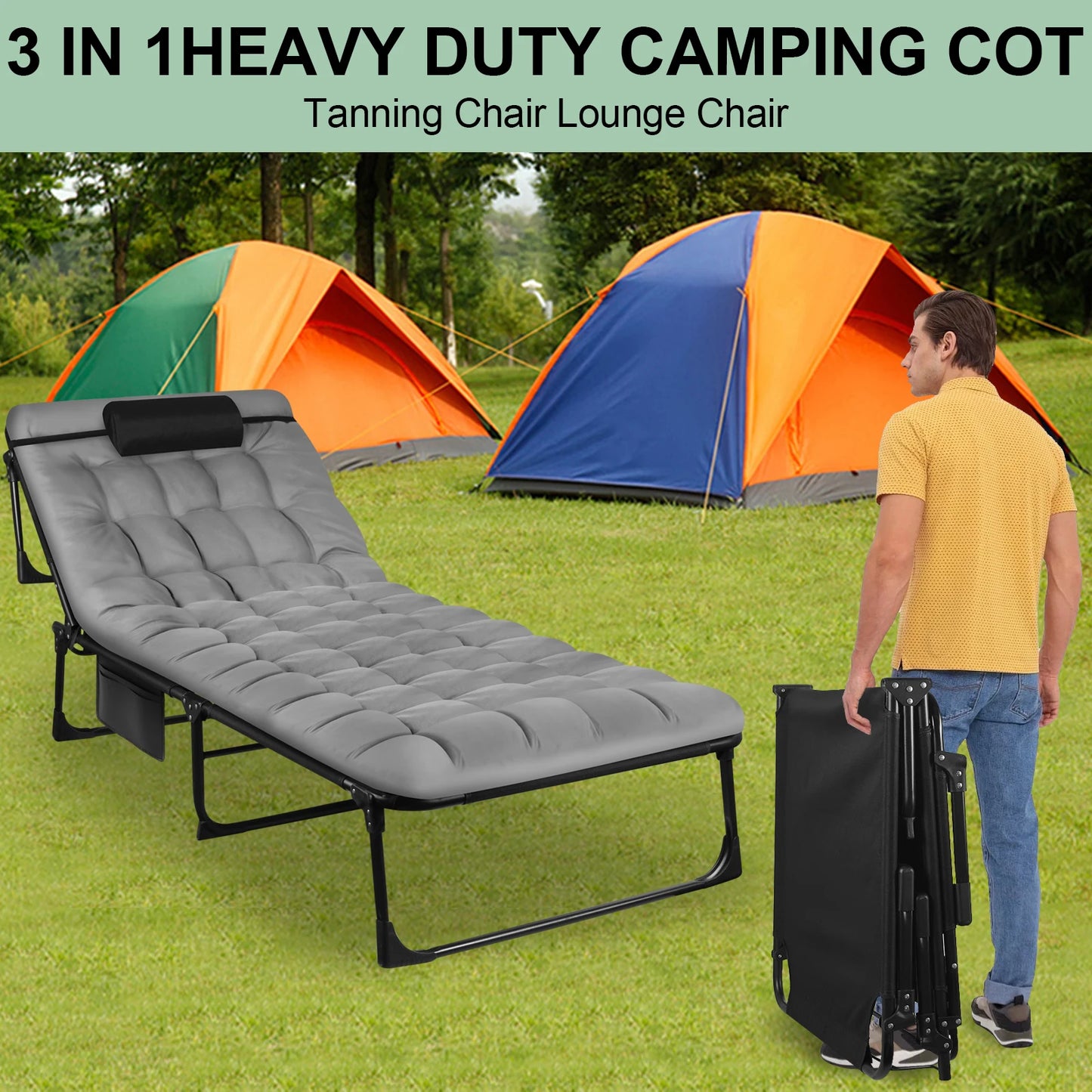 Portable Folding Camping Cot With Pillow And 3-Position Reclining Lounger