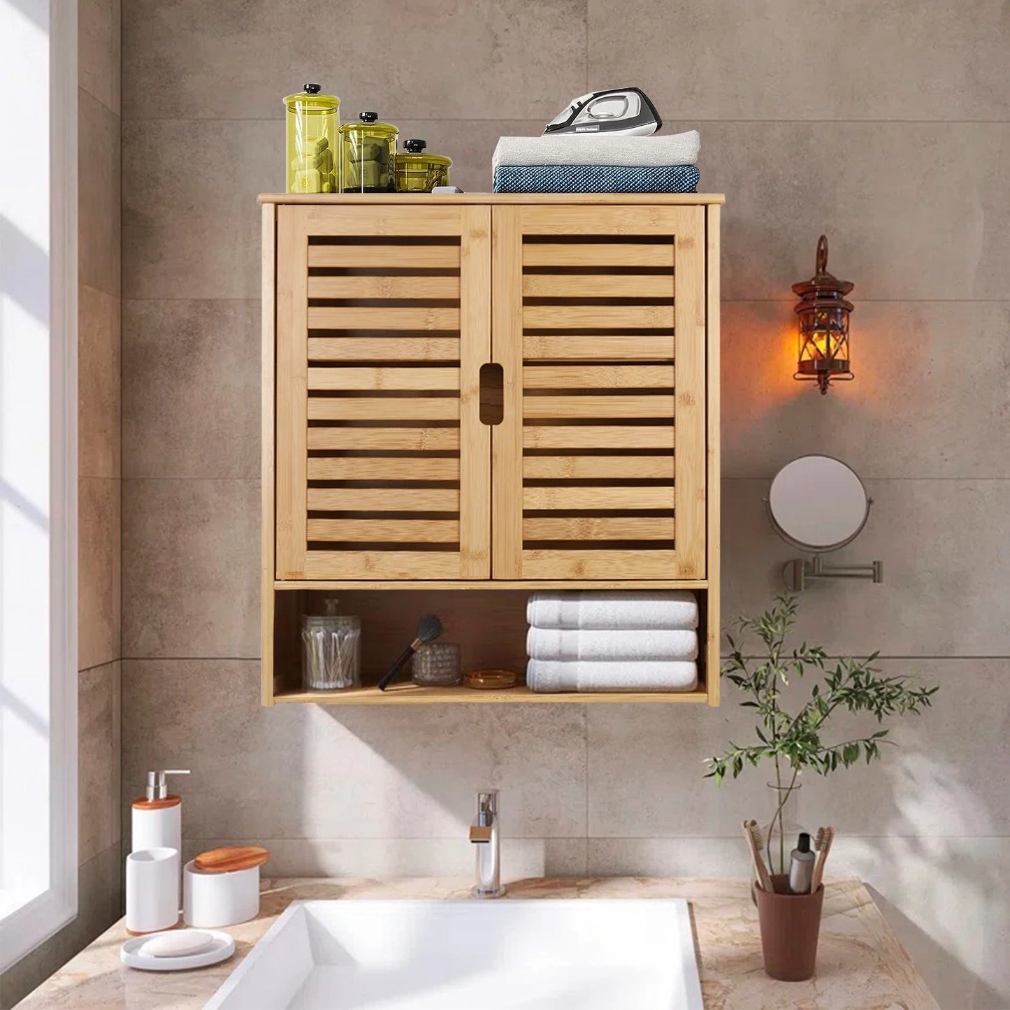 Wisfor Wall Mounted Bamboo Bathroom Cabinet Storage Organizer