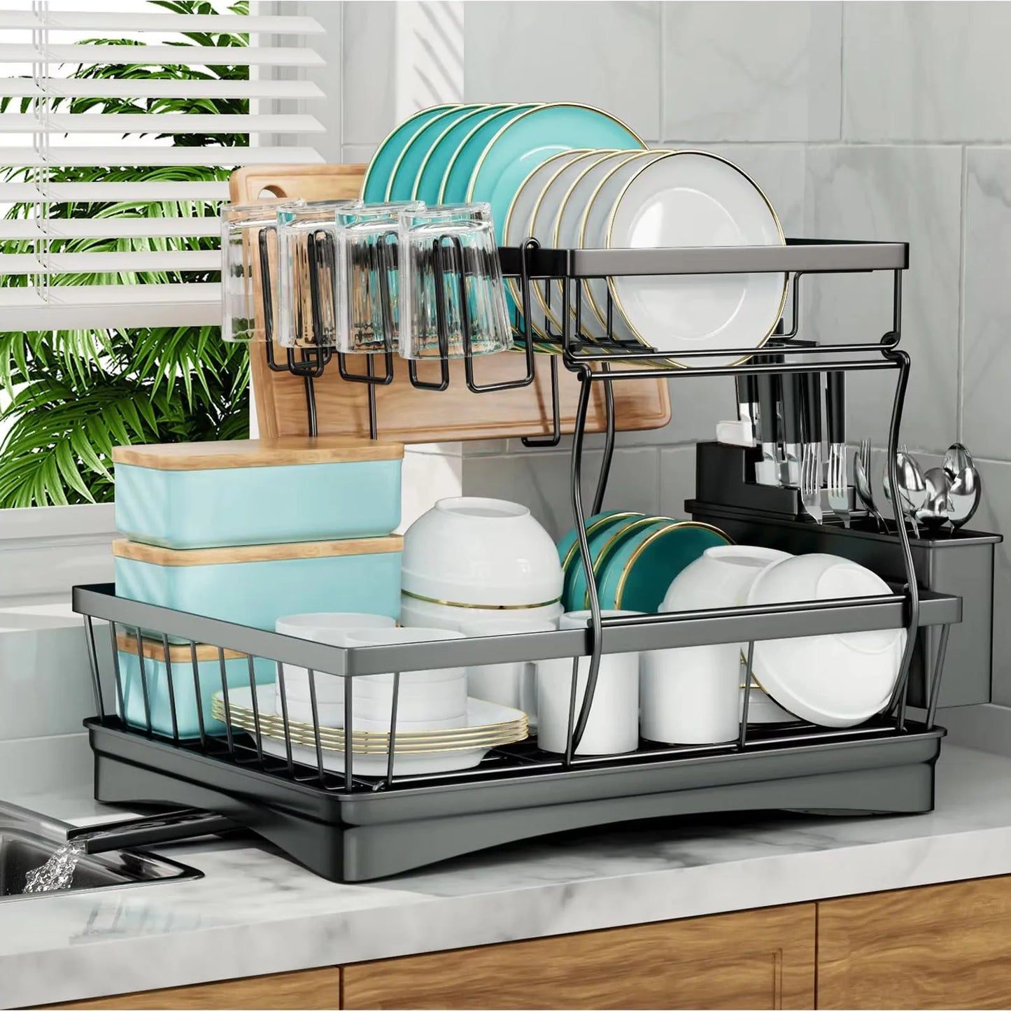 Two Tier Dish Drying Rack For Kitchen Countertops Large Capacity