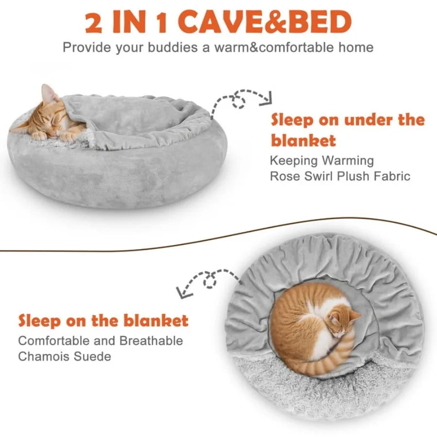Donut Dog Bed With Hooded Blanket For Calming Comfort