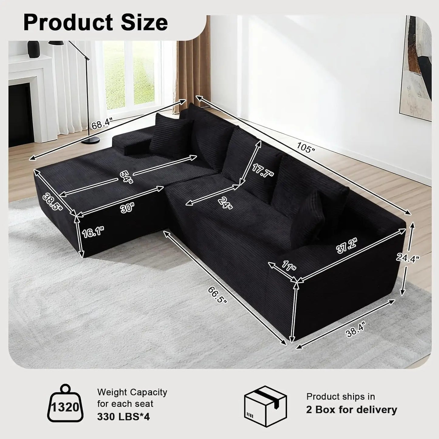 Cloud Modular Sectional Couch with L Shaped Chaise Corduroy Upholstery