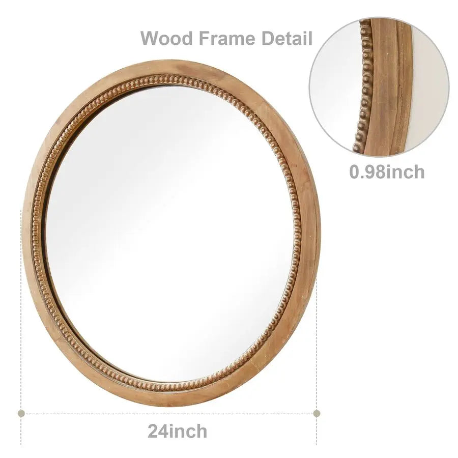 Round Wood Mirror,24 inch Circle Rustic Farmhouse Natural Wooden Frame Boho Beads Wall Mirror for Bathroom,Living Room,Bedroom o