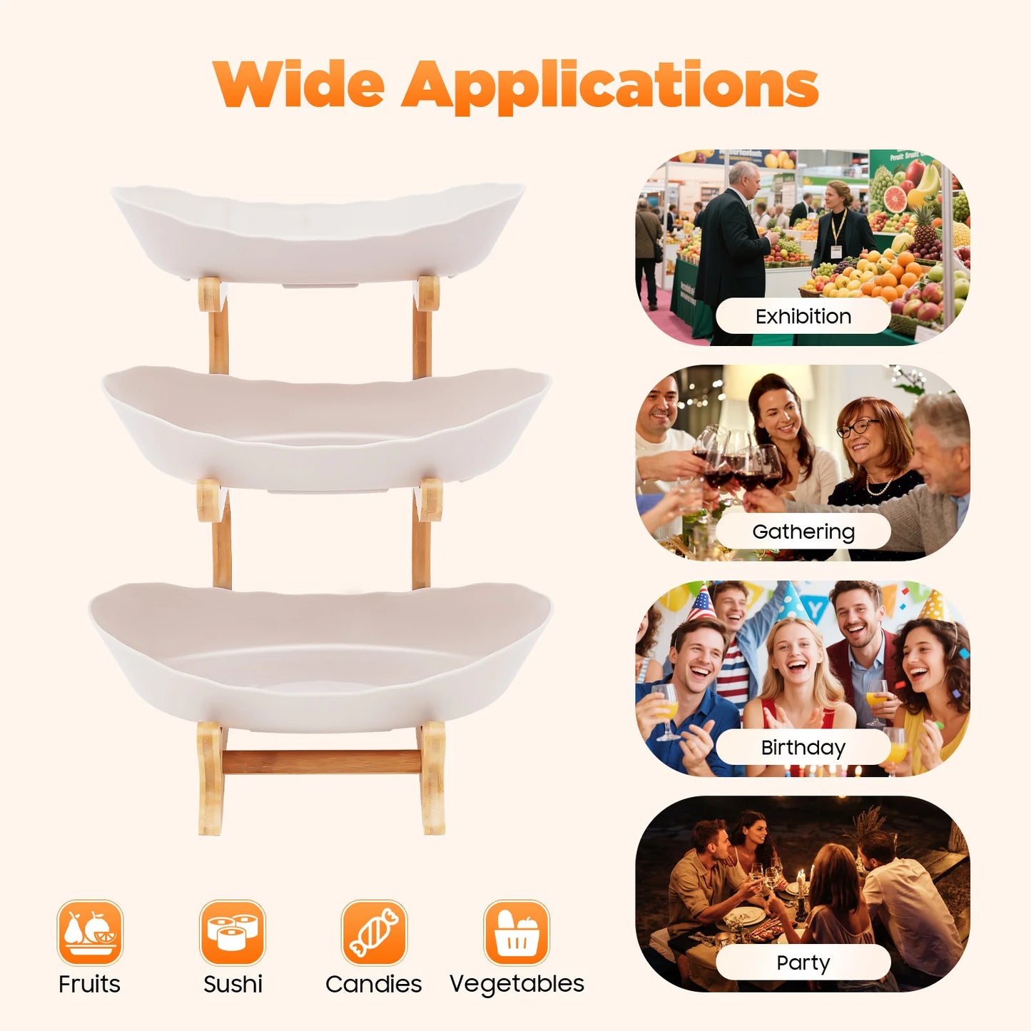 3-Tier Fruit Plate With Bamboo Stand For Party Wedding