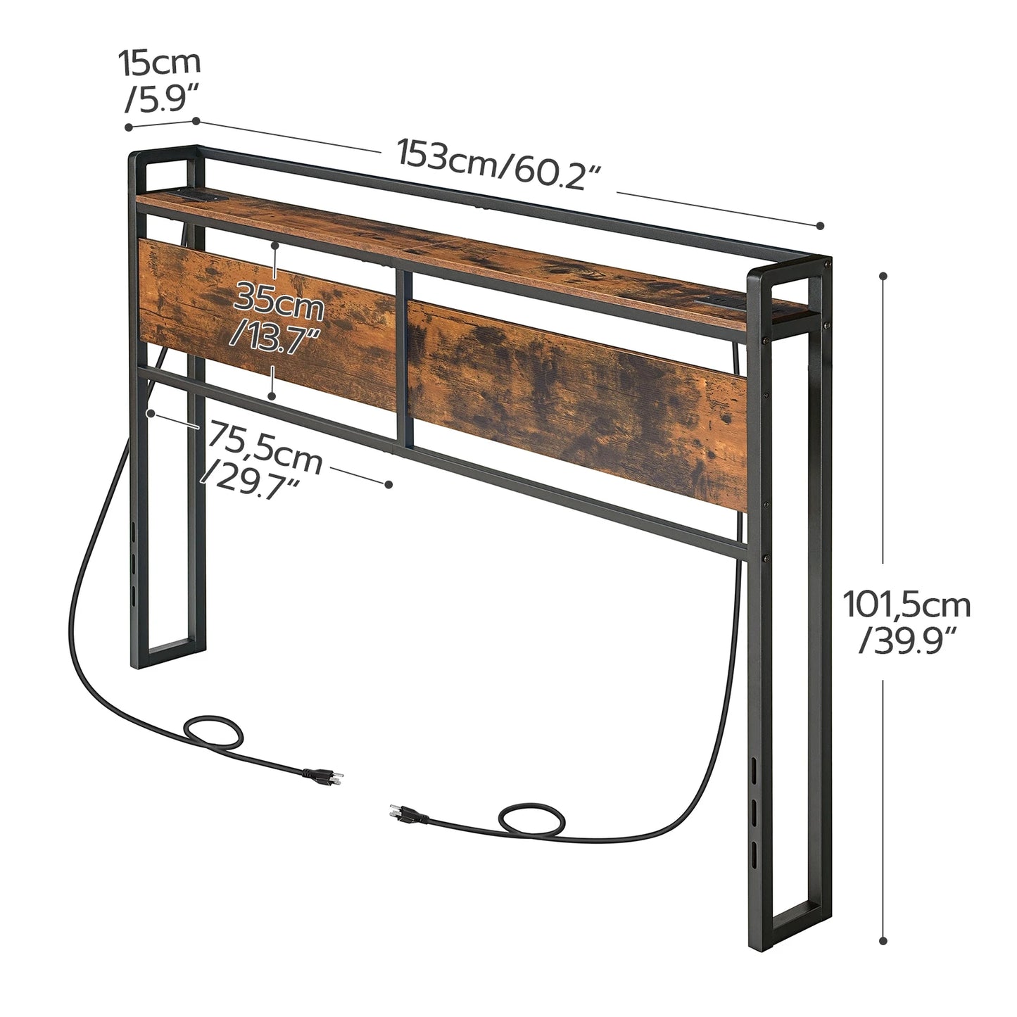 Wood Headboard With Outlets And USB Ports, Adjustable Storage Rack