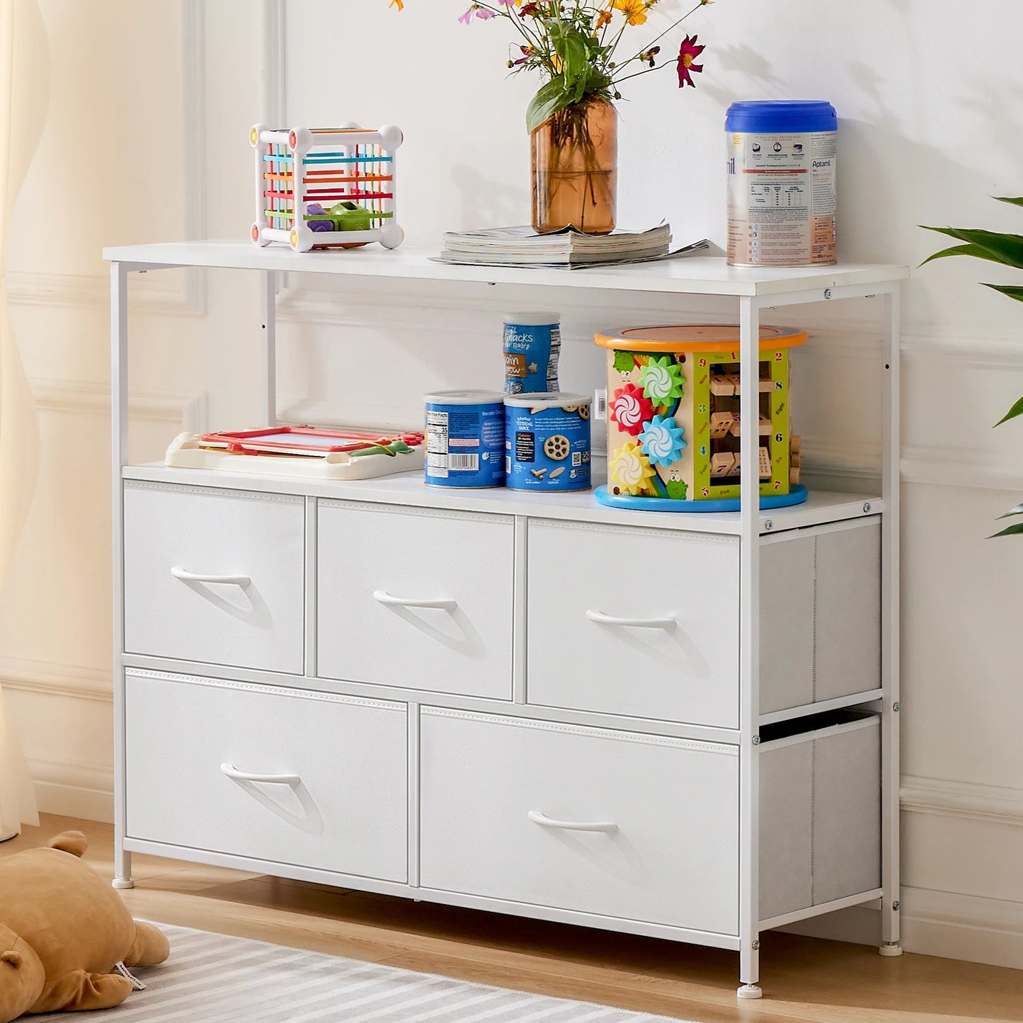 JHK Fireplace TV Stand Dresser With Fabric Drawers And Storage